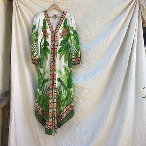 FARM Rio White Maxi Dress with Green Tropical Leaf Print